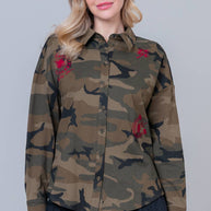 Camo Button-Down with Embroidered Roses