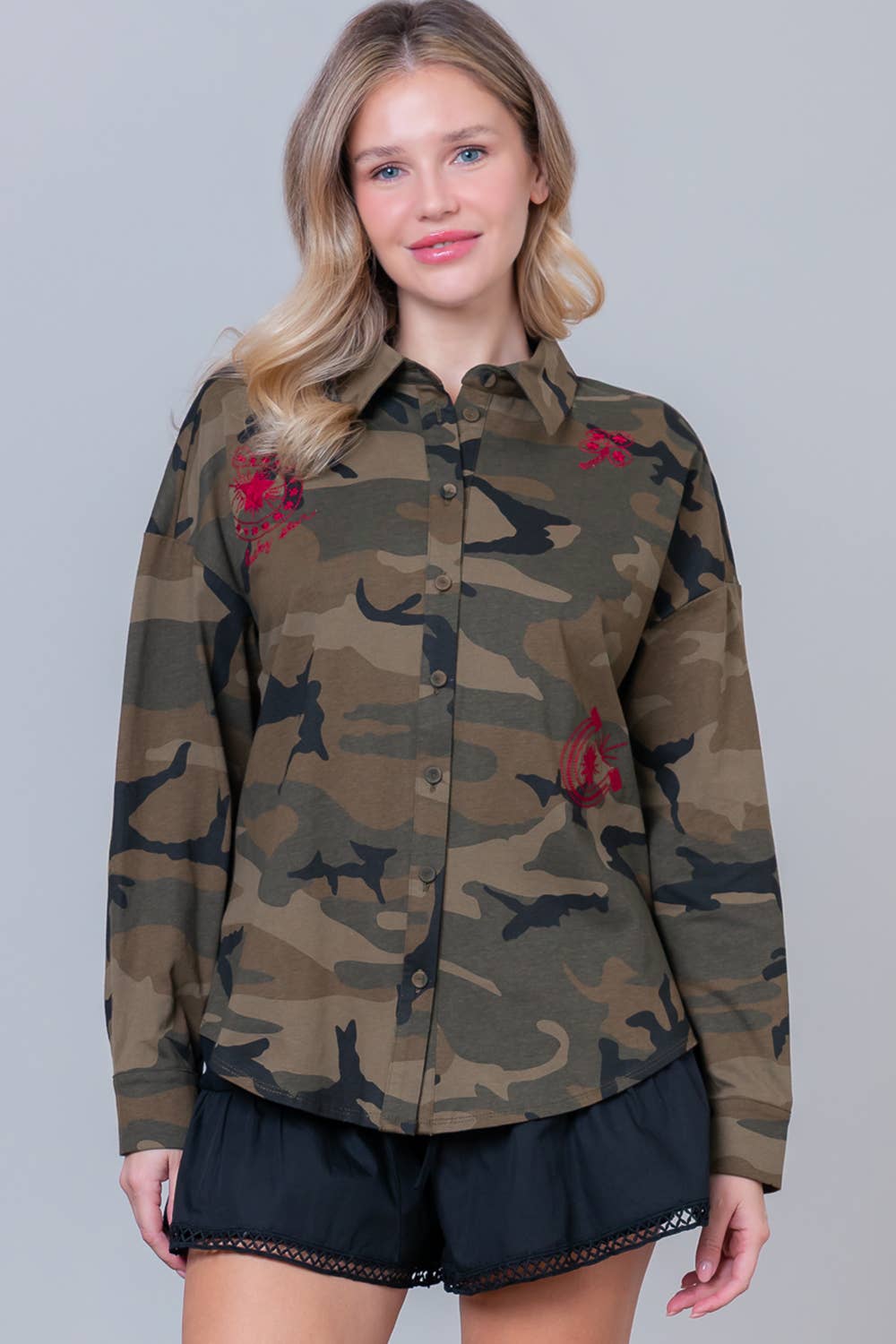 Camo Button-Down with Embroidered Roses