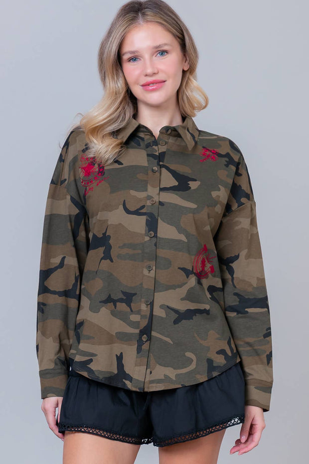 Camo Button-Down with Embroidered Roses
