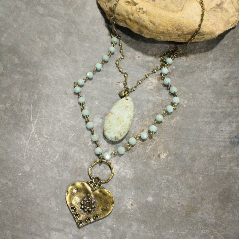 Double Layered Stone & Bronze Heart Drop Necklace