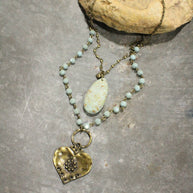 Double Layered Stone & Bronze Heart Drop Necklace