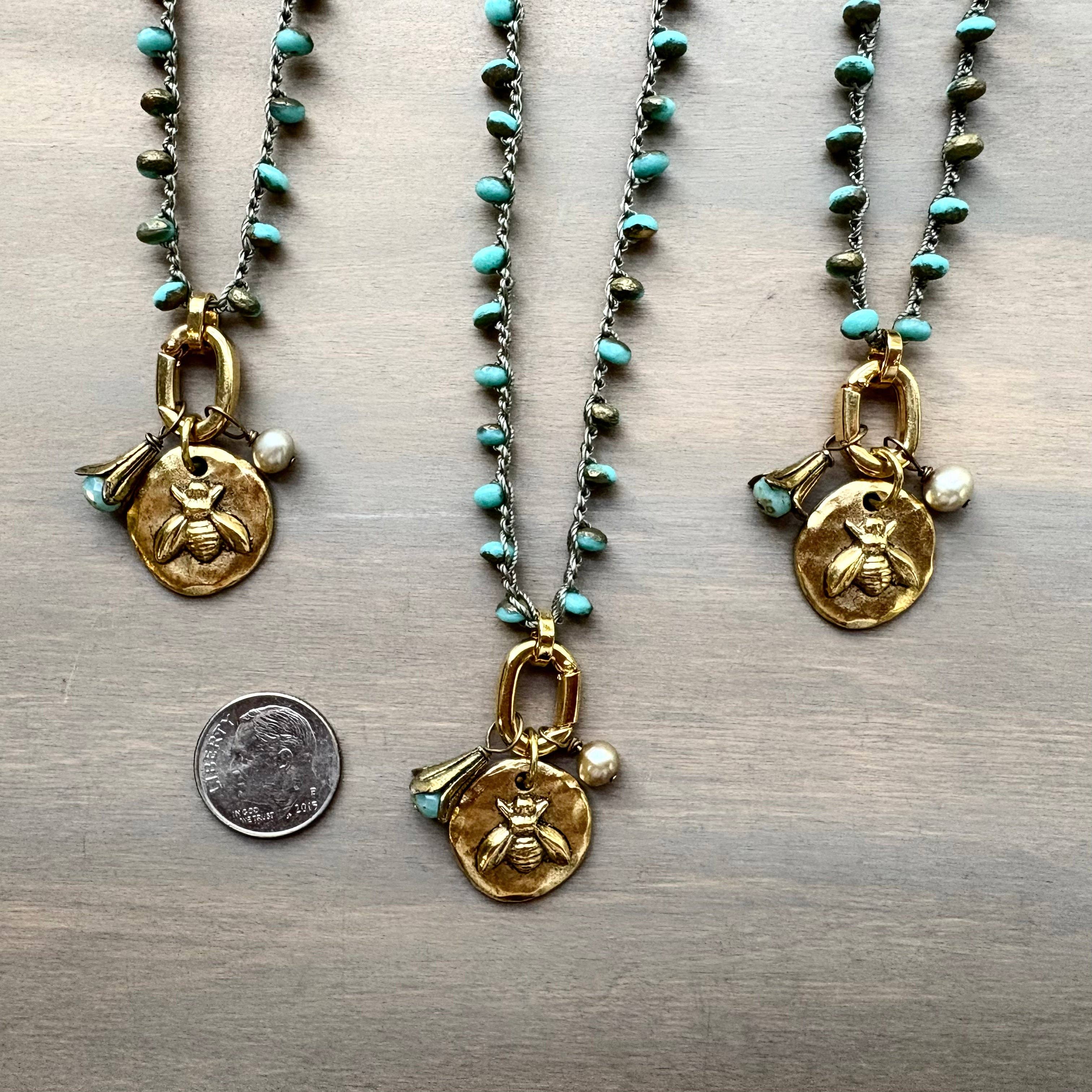 Honey Bee Charm Necklace With Freshwater Pearl and Flower Drop