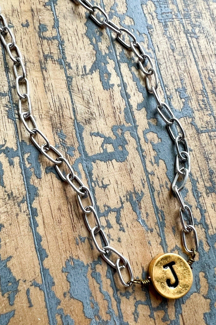 Circle Initial Pendant Necklace TWO TONE