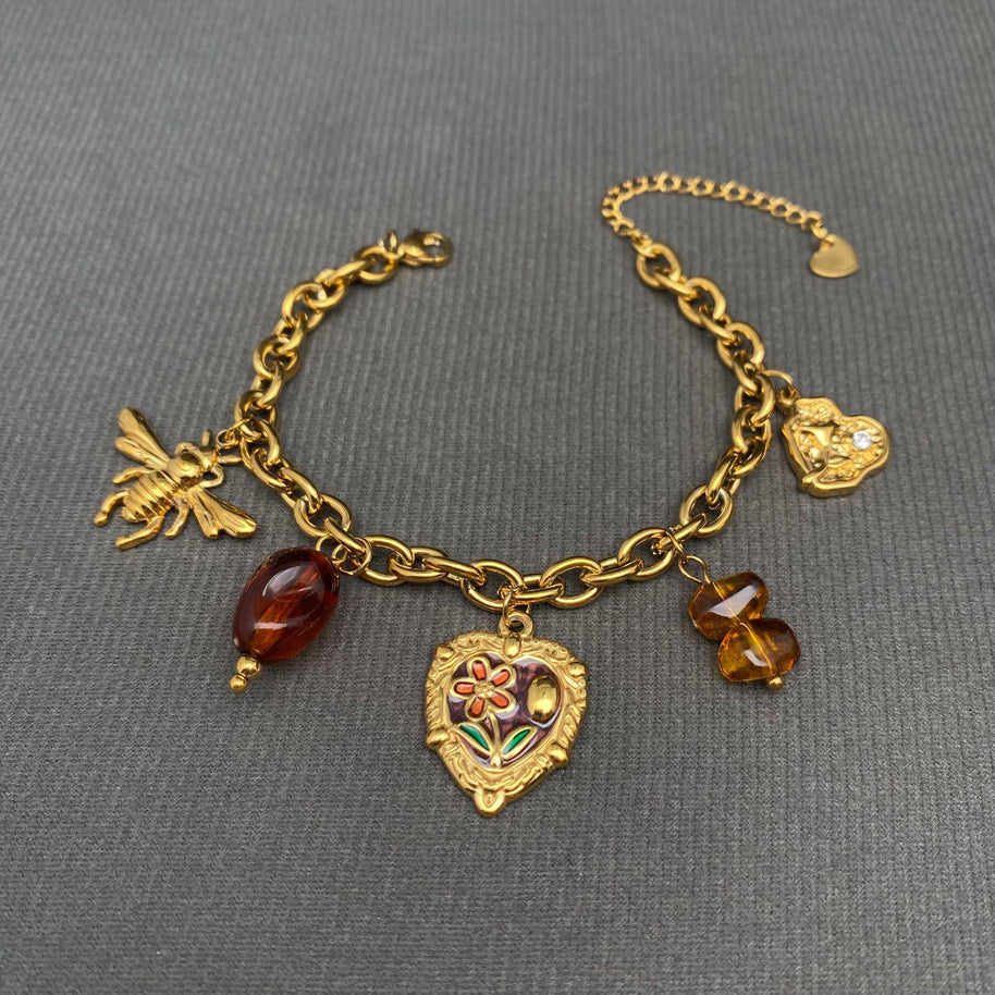 18K GP S. Steel Flower Heart & Bee Charm Bracelet