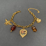 18K GP S. Steel Flower Heart & Bee Charm Bracelet