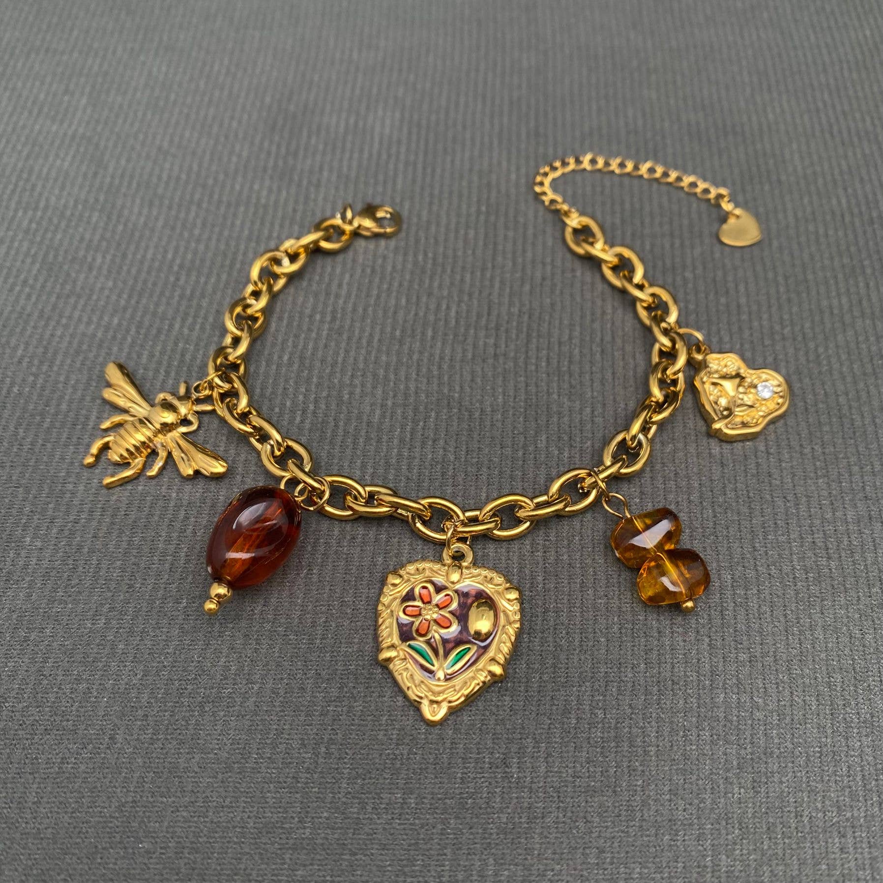 18K GP S. Steel Flower Heart & Bee Charm Bracelet