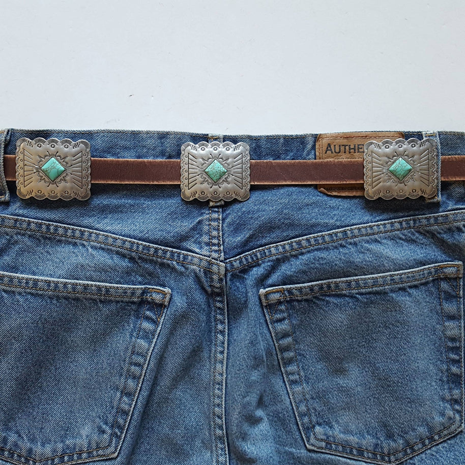 Distressed Leather Belt with Rectangle Conchos