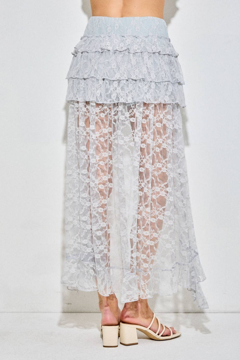 Lace Ruffle Tiered High-Low Maxi Skirt, light blue