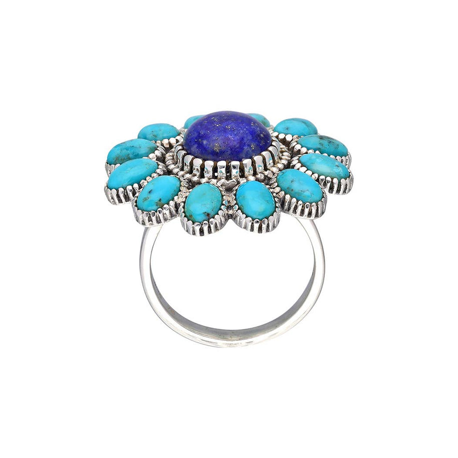 Silver Lapis and Turquoise Celestial Bloom Ring