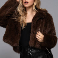 Long Sleeve Notched Collar Faux Fur Cropped Jacket