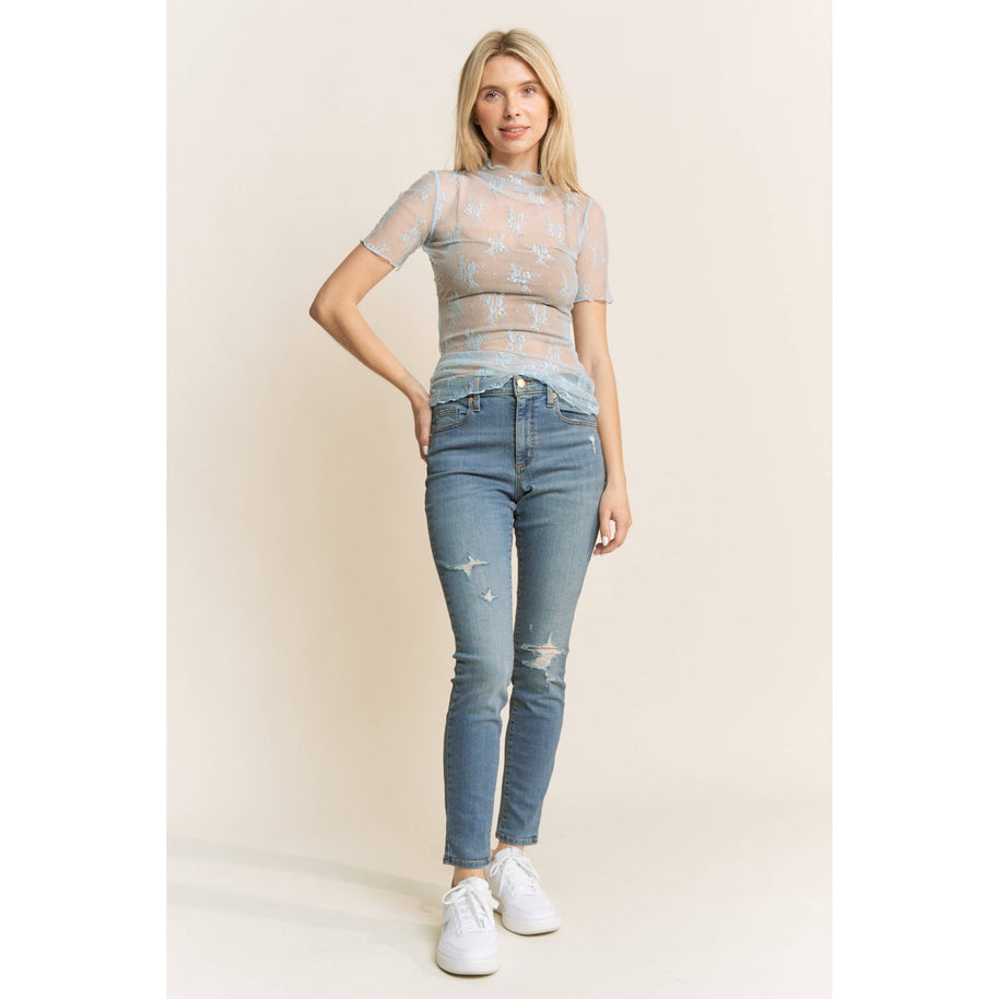 Lace Short Sleeve Shirt, S-3X