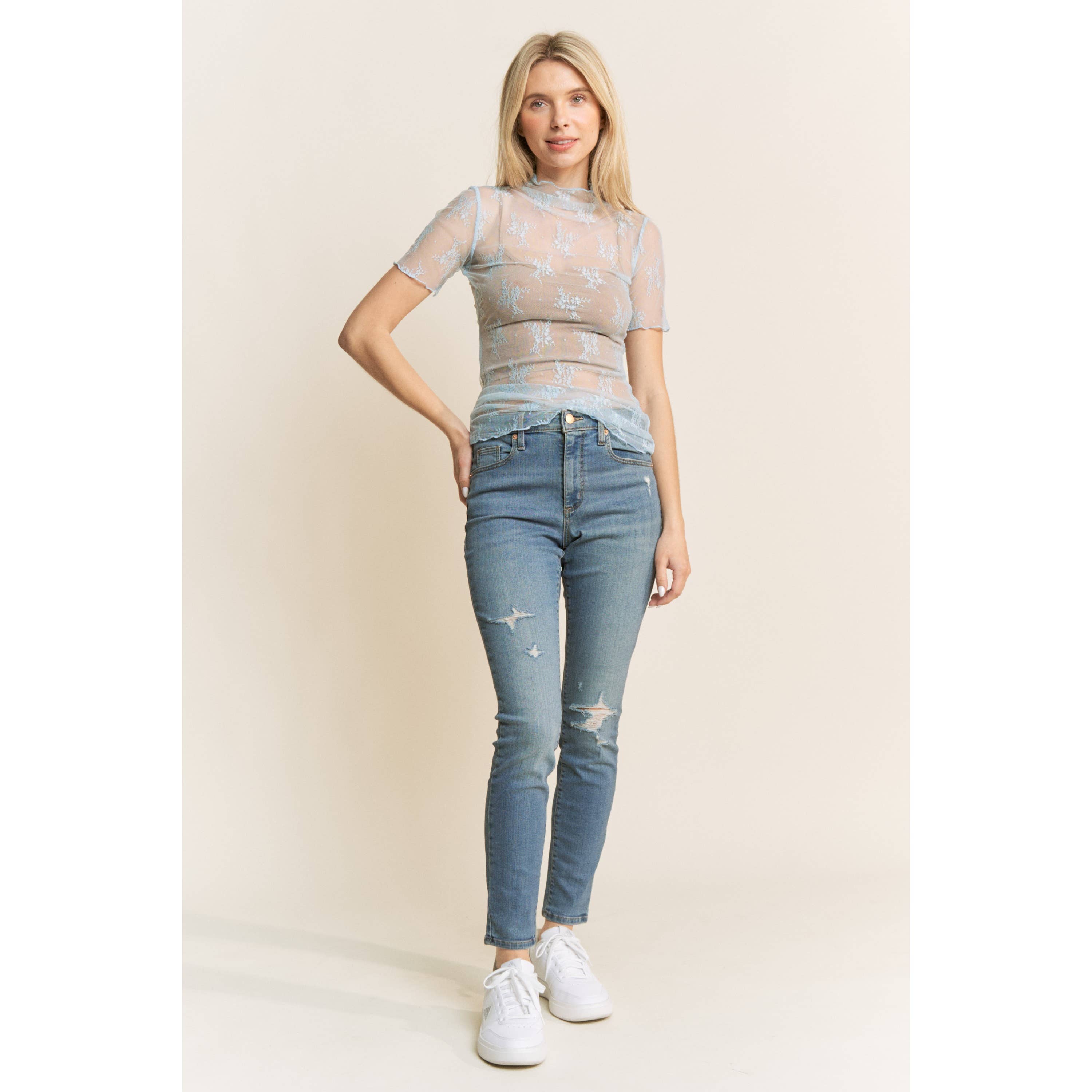 Lace Short Sleeve Shirt, S-3X