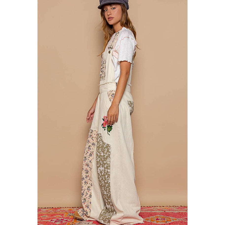 Patchwork Denim Overall, Almond