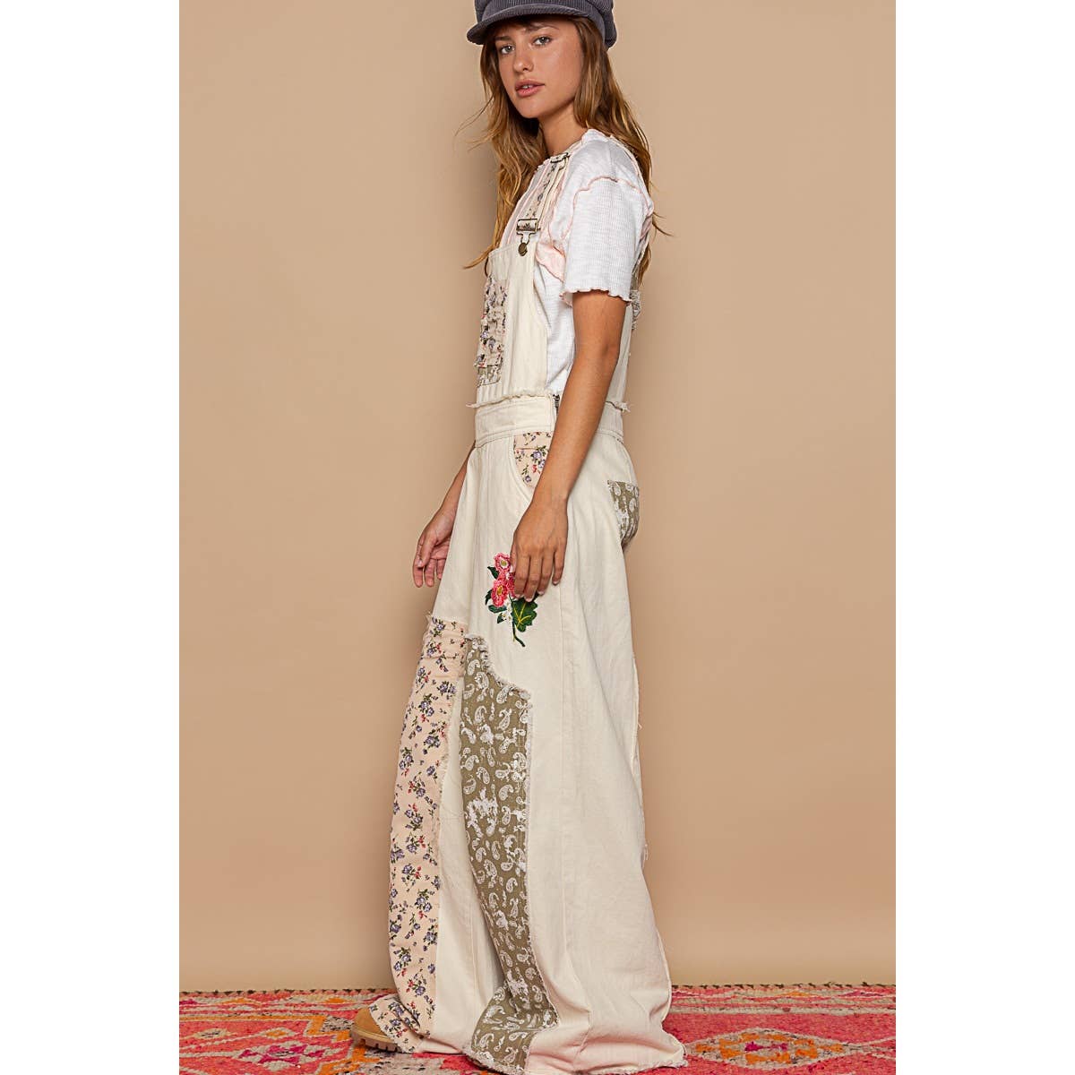 Patchwork Denim Overall, Almond