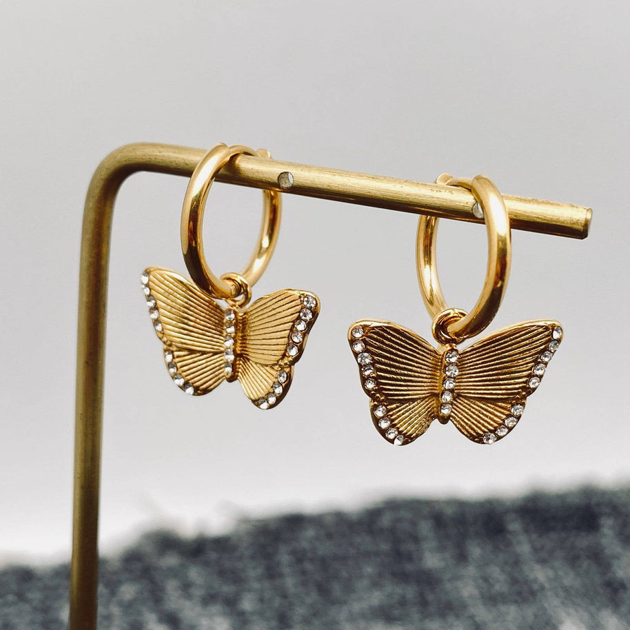 Inlaid CZ Butterfly Charm 18K GP Huggie Earrings