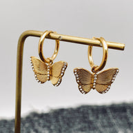 Inlaid CZ Butterfly Charm 18K GP Huggie Earrings