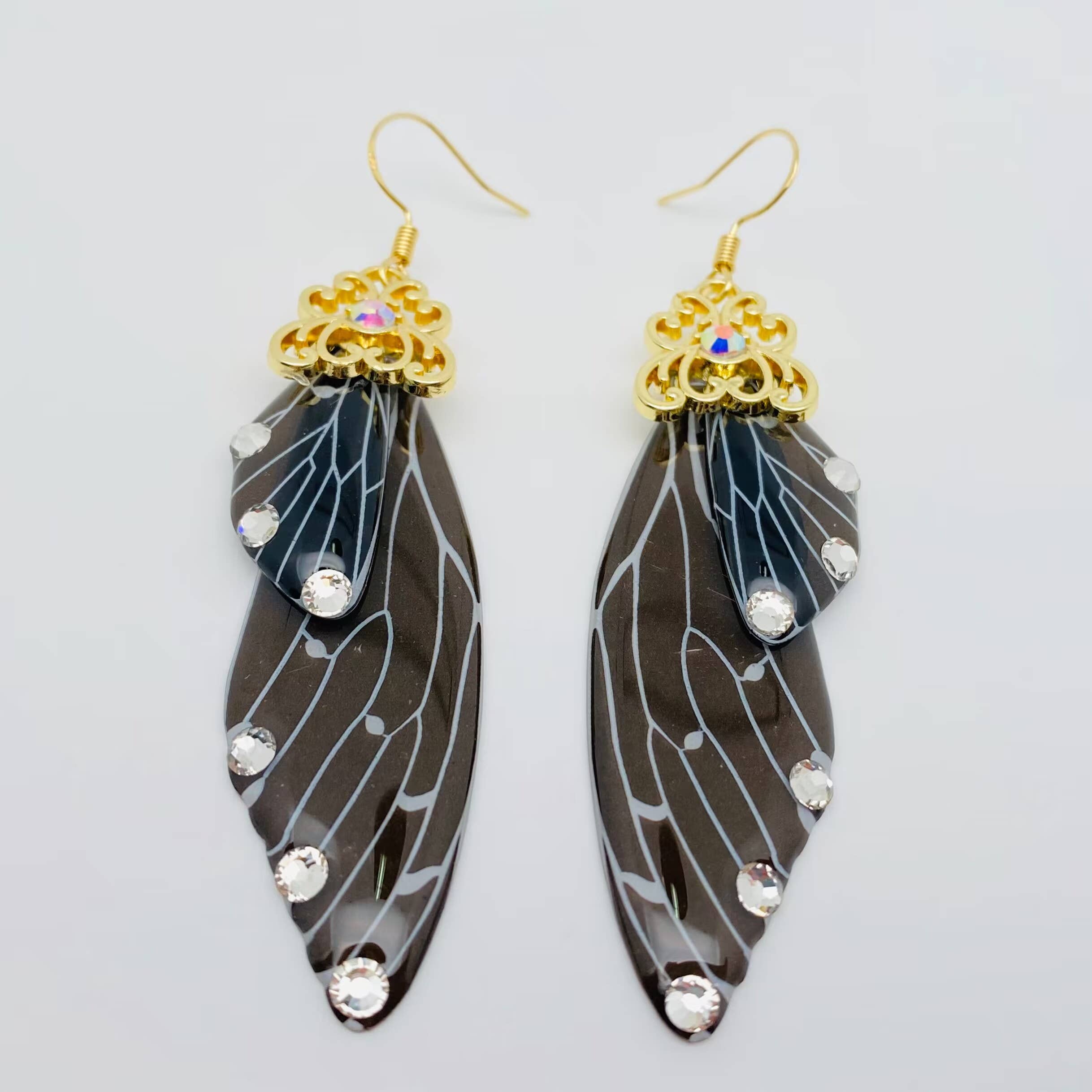 Black Cicada Rhinestone Wings Earrings