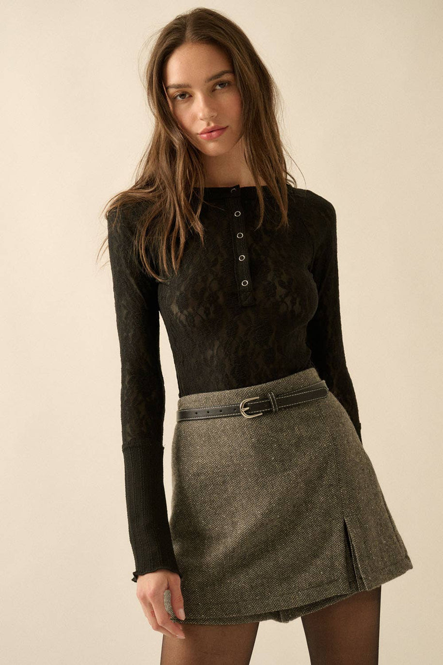 Lace Raglan-Sleeve Henley Top, Black