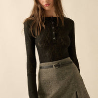 Lace Raglan-Sleeve Henley Top, Black