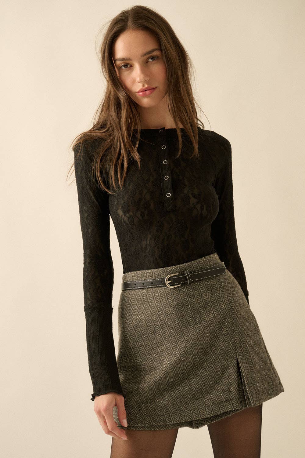 Lace Raglan-Sleeve Henley Top, Black