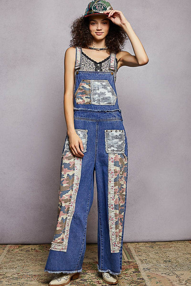 Patchwork & Studs Overalls, Denim/Camo