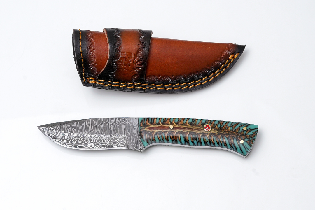 Damascus Knife — Stabilized Pine Cone & Resin Handle