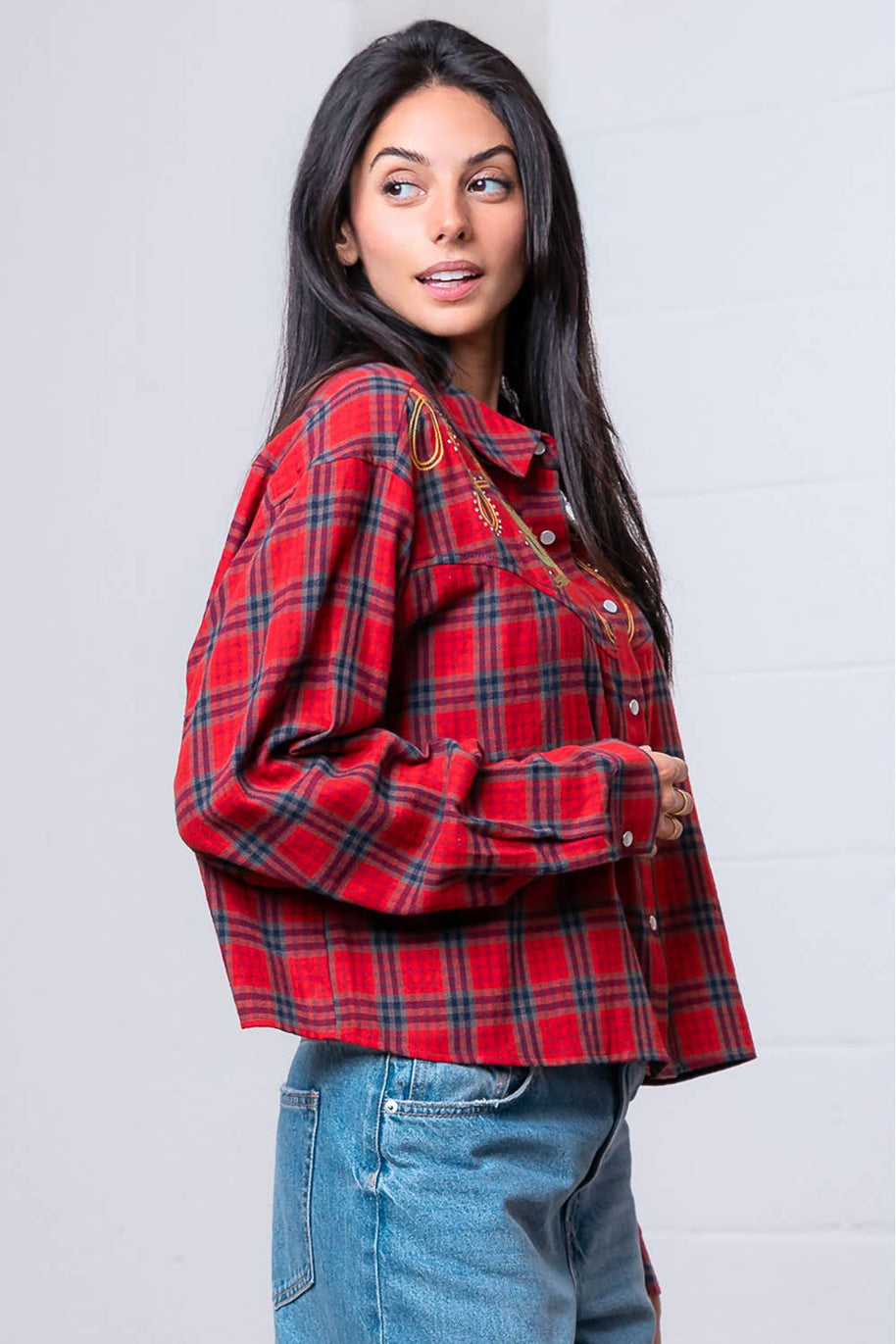 Red Western Plaid Shirt with Embroidery