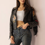 Thorn & Thunder Embroidered Black Leather Fringe Jacket