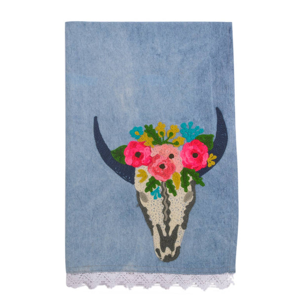 Embroidered Cow Skull Tea Towel