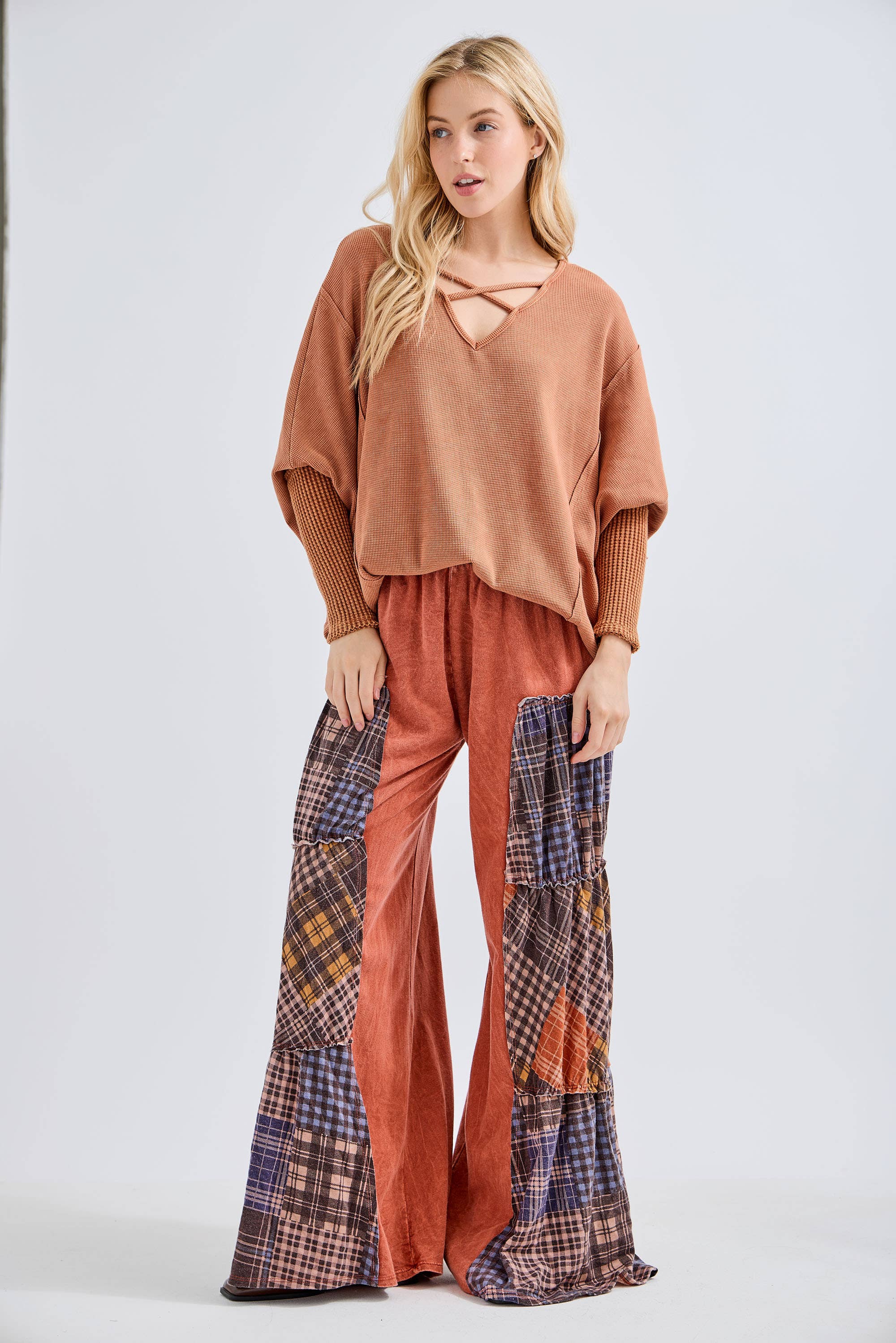 Mineral Washed Tiered Plaid Wide Flare pants HP6675