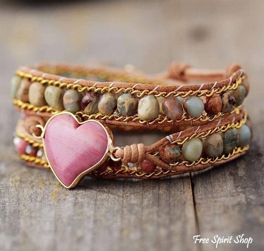 Rhodonite & Jasper Heart Wrap Bracelet, Boho Beaded Strap