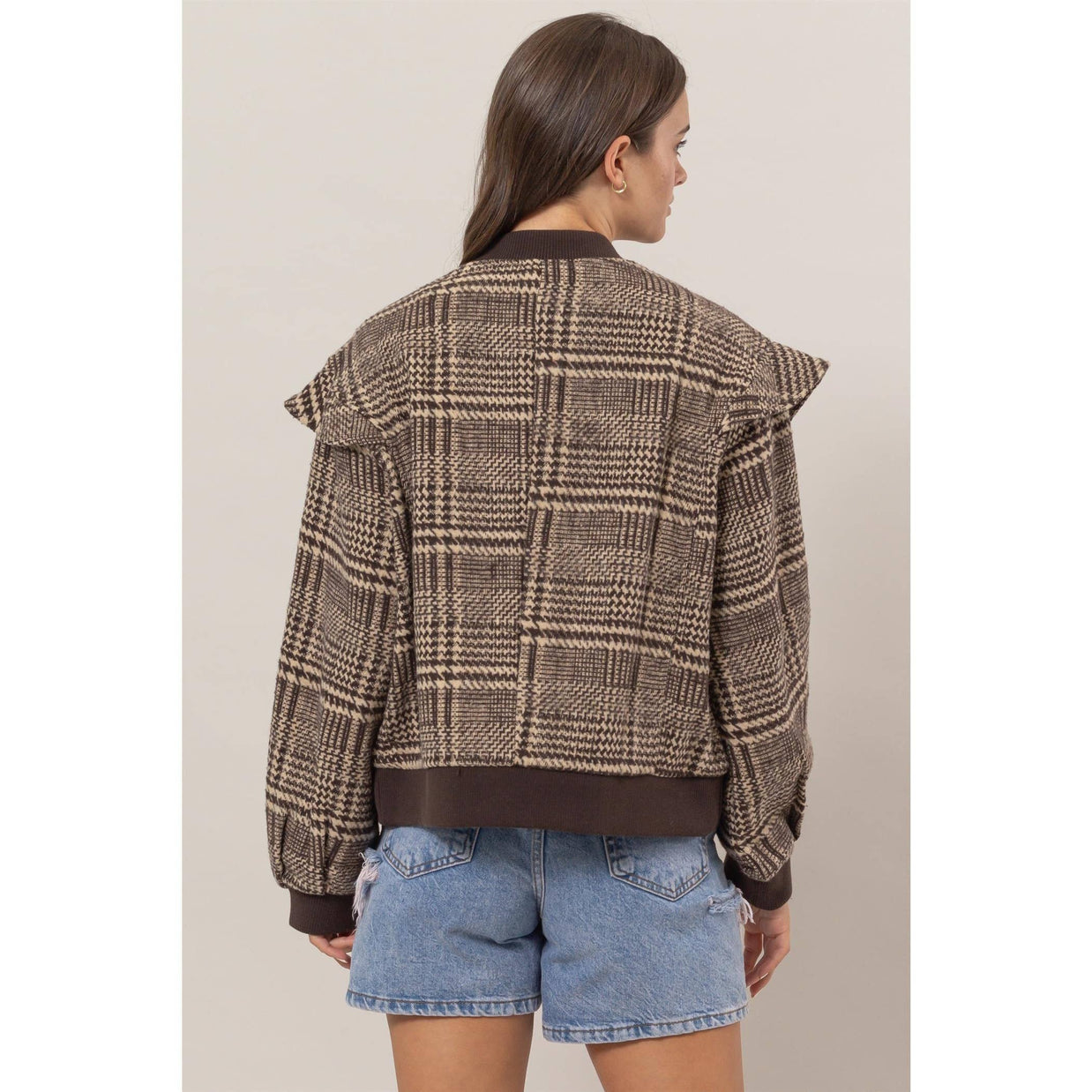 Plaid Ruffle Bomber Jacket