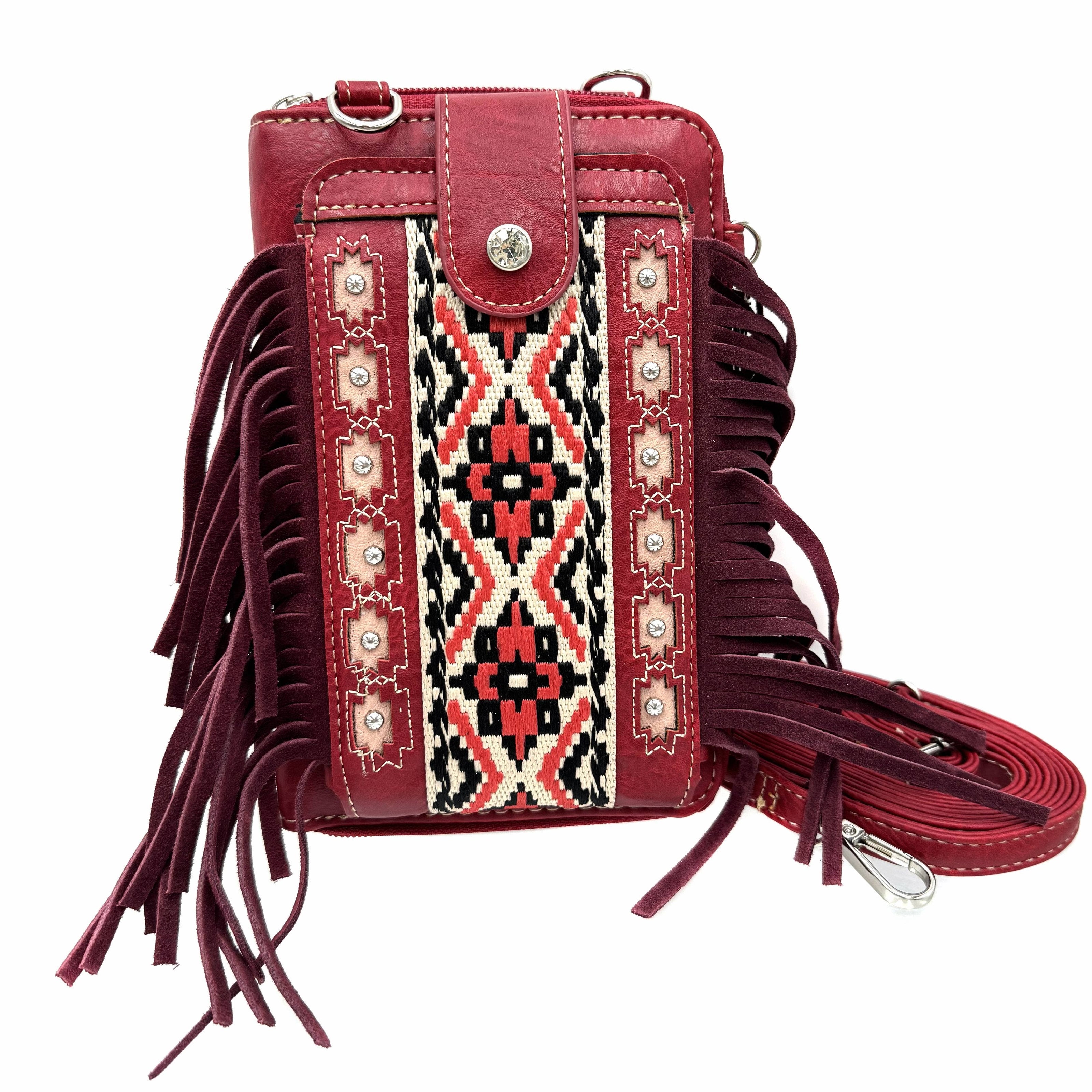 Aztec Tribal Print Fringe Crossbody Western Phone Wallet