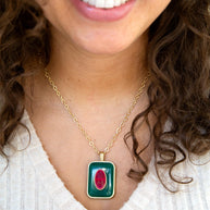 Green Onyx Stacked Red Quartz Golden Pendant Necklace