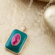 Green Onyx Stacked Red Quartz Golden Pendant Necklace