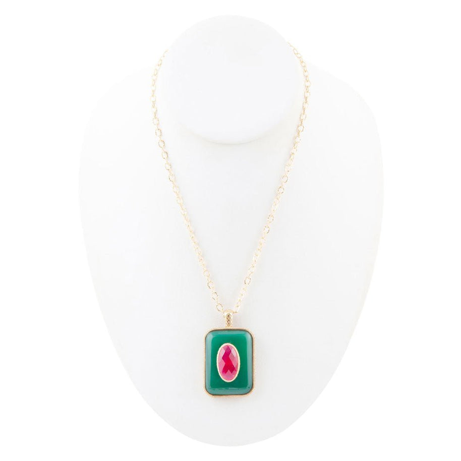 Green Onyx Stacked Red Quartz Golden Pendant Necklace
