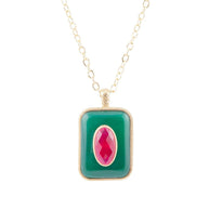 Green Onyx Stacked Red Quartz Golden Pendant Necklace