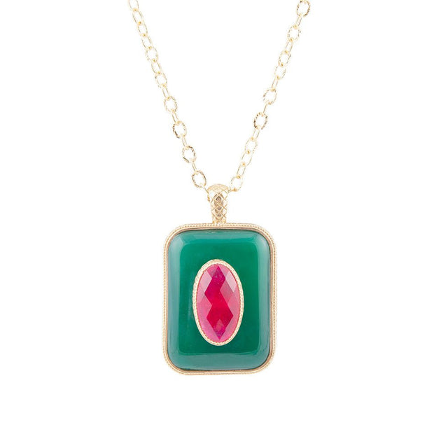 Green Onyx Stacked Red Quartz Golden Pendant Necklace