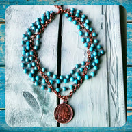 Blue Turquoise Collar-Length Necklace w/ Indian Buffalo Coin 114E