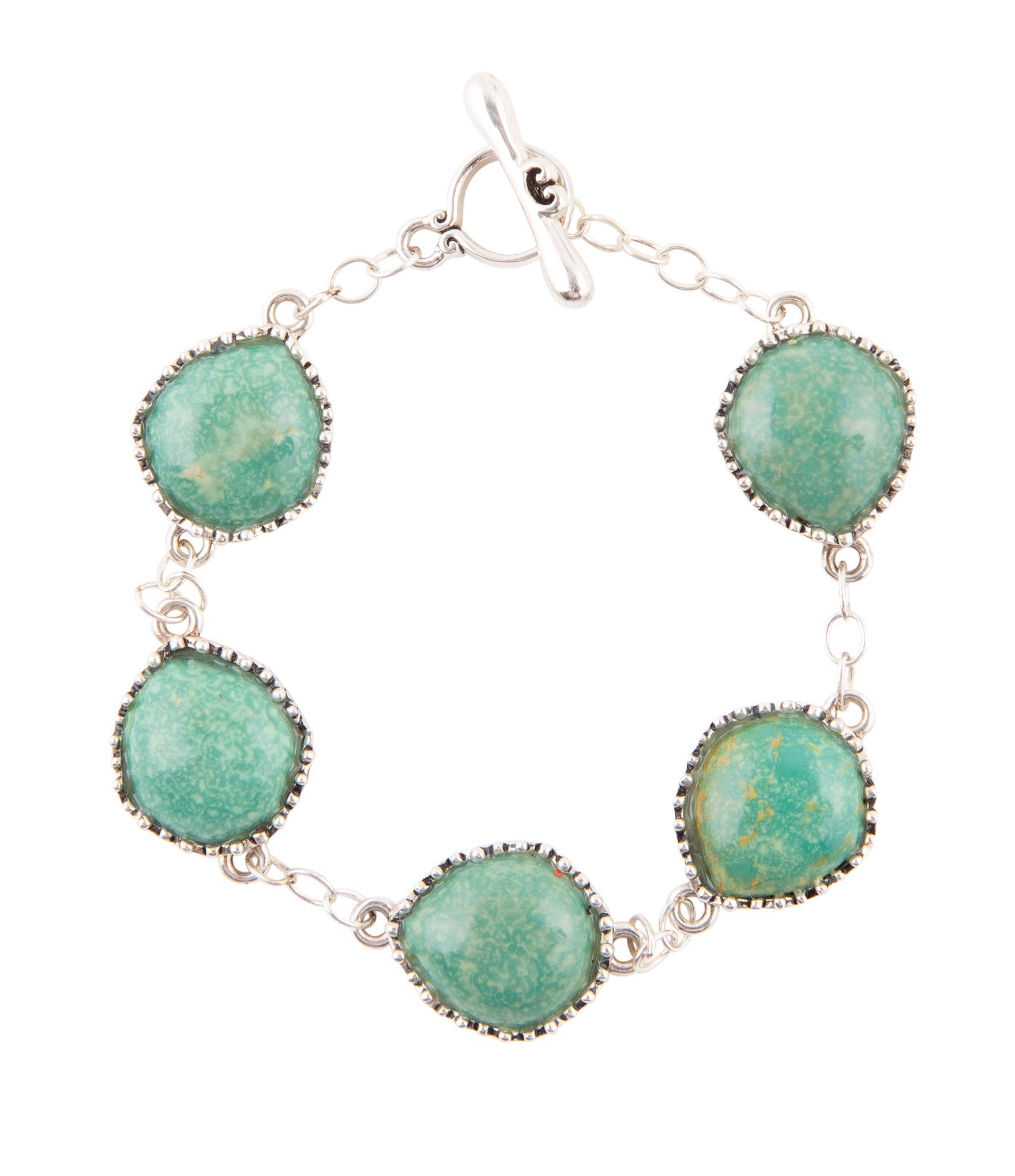 Intricate Green Turquoise and Sterling Silver Toggle Bracelet