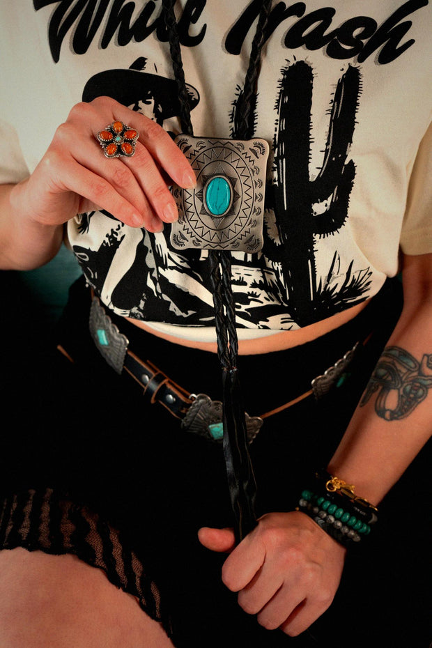 Braided Leather Bolo Silver Concho