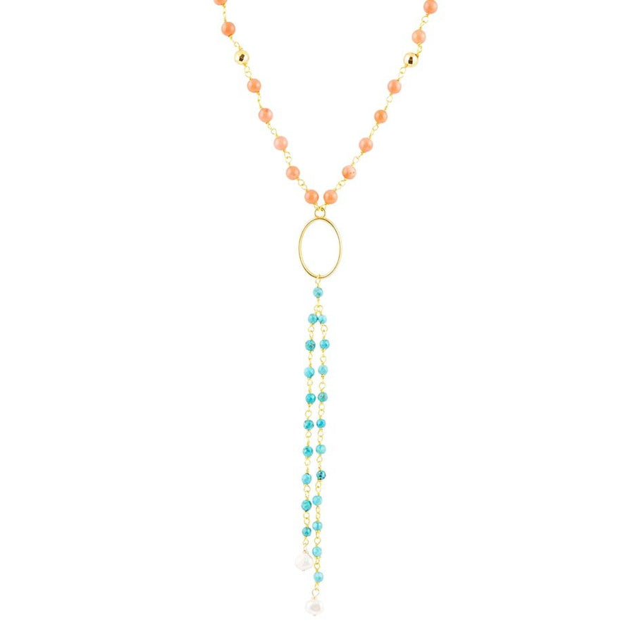 Multi Stone Orange Coral Golden Y-Neck
