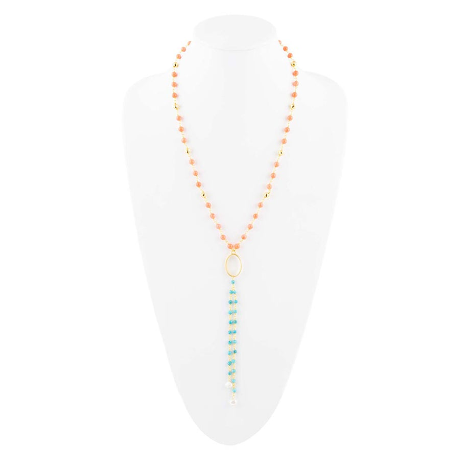 Multi Stone Orange Coral Golden Y-Neck