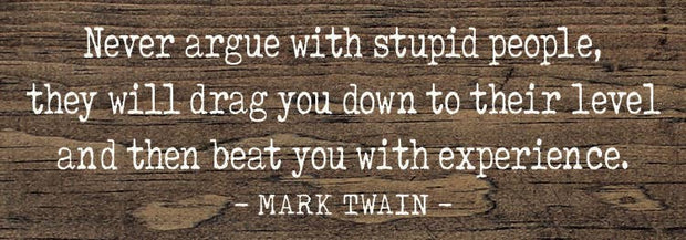 Never argue with stupid people  - Funny Wood Mark Twain Sign