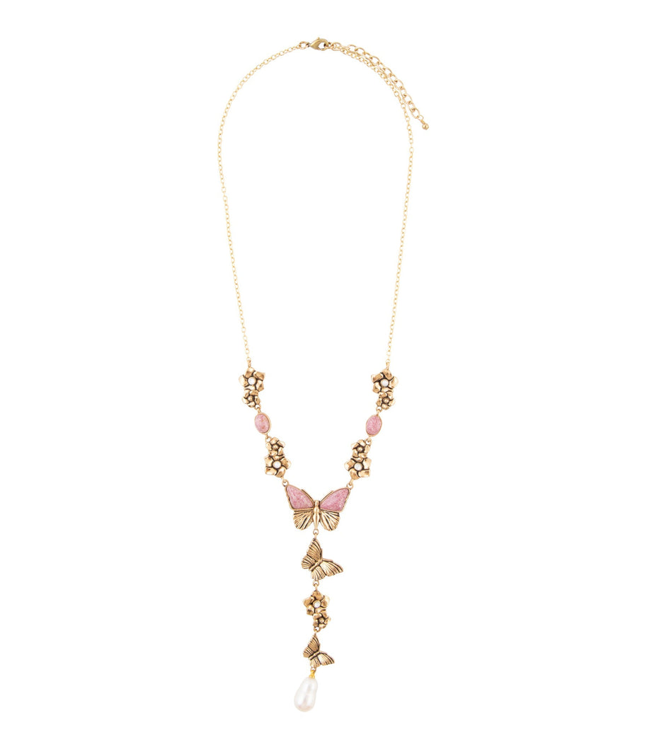 Pink Rhodonite and White Pearl Golden Butterflies Y Necklace