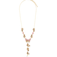 Pink Rhodonite and White Pearl Golden Butterflies Y Necklace