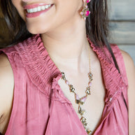 Pink Rhodonite and White Pearl Golden Butterflies Y Necklace