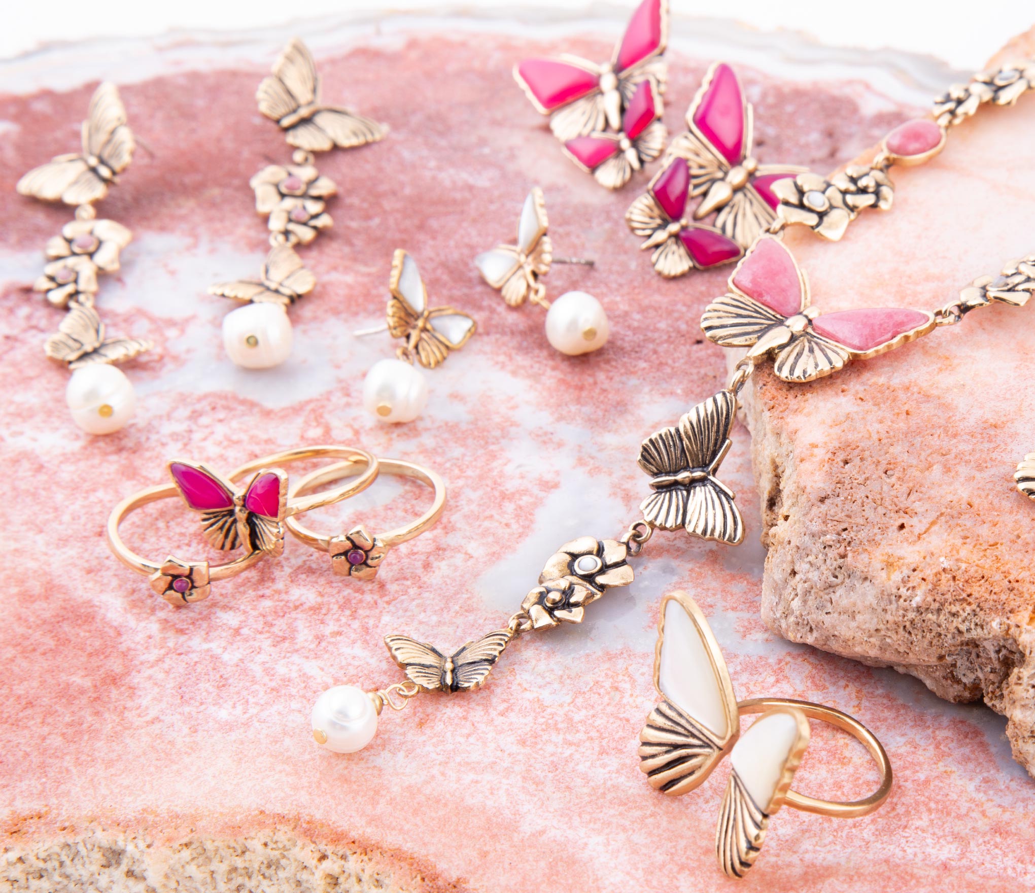 Pink Rhodonite and White Pearl Golden Butterflies Y Necklace