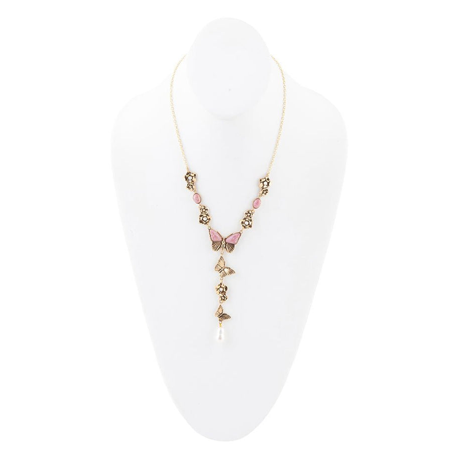 Pink Rhodonite and White Pearl Golden Butterflies Y Necklace