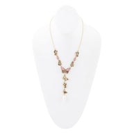 Pink Rhodonite and White Pearl Golden Butterflies Y Necklace